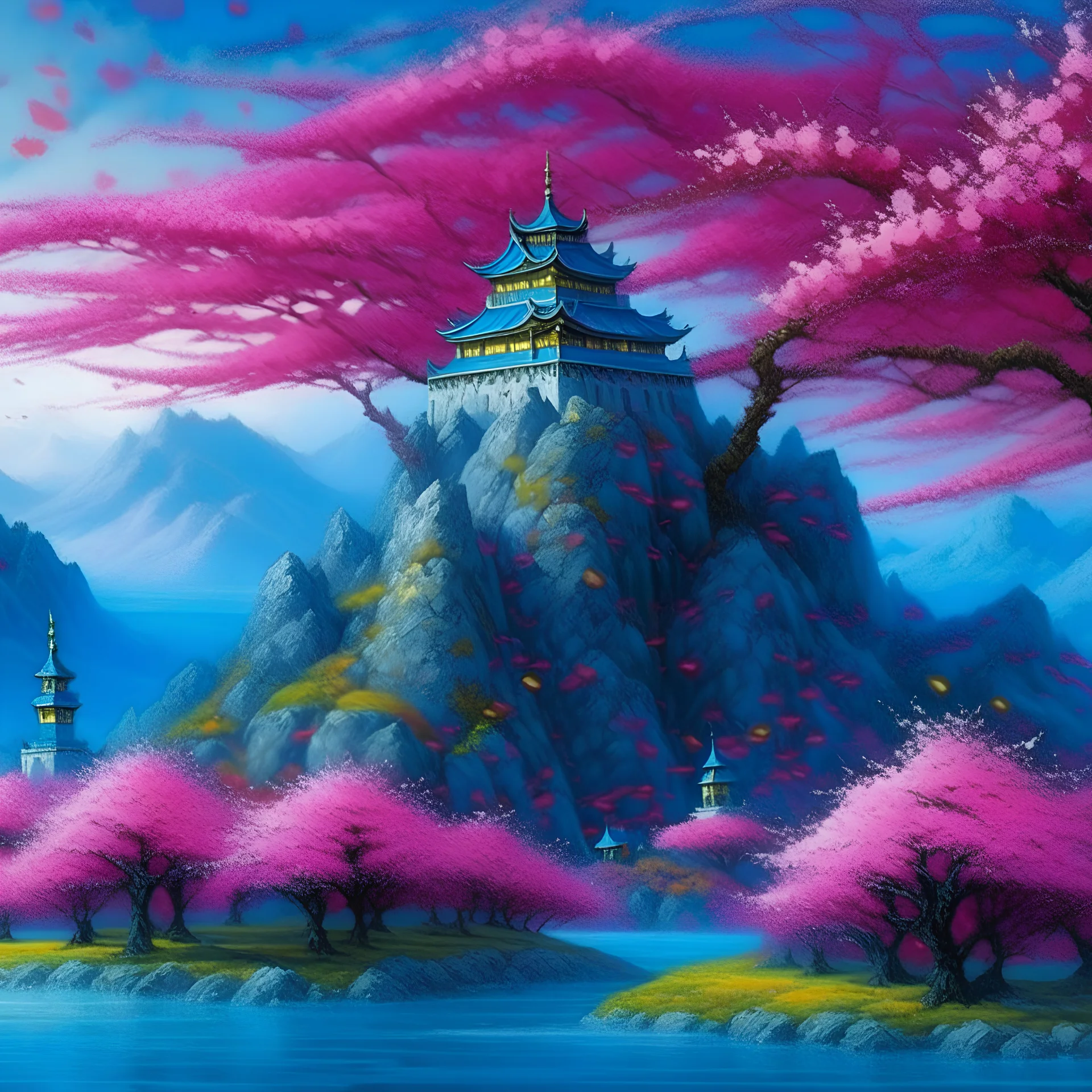 Cherry blossom tree castle lake mountains soft watercolors painting illustration soft pastel colors purple pink blue Vincent van Gogh starry night sky raining shooting stars multi-colorful hyper-colorful background multi-layered multi-colorful sky beautiful intricate motifs perfect composition masterpiece insanely-detailed extreme-detailed hyper-detailed beautiful volumetric deep rich colors volumetric lighting shadows Ray tracing Magical