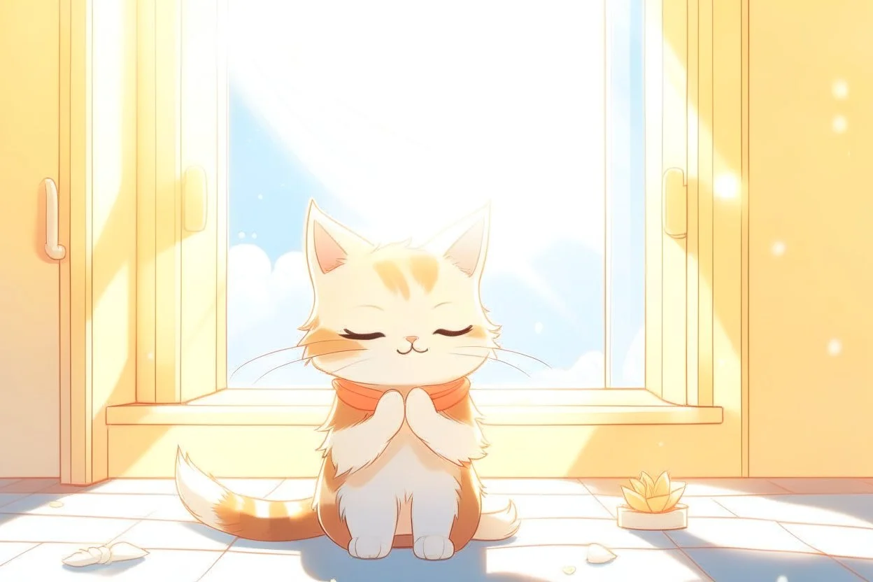 cute chibi thankful cat praying in an icy room in sunshine