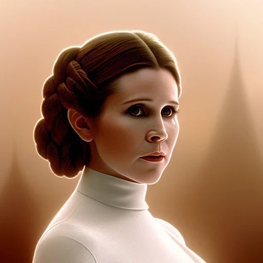 extremely detailed 8k hyperspace wallpaper,complete and photo realistic detailed head to waist stunning photo realistic portrait of carrie fisher as Princess Leia in star wars with photo realistic fine, simple, symetric coiffed hairdo, brown eyes, professional majestic photo realistic painting by Ed Blinkey, Atey Ghailan, by Jeremy Mann, Greg Manchess, Antonio Moro, trending on ArtStation, Intricate, High Detail, Sharp focus, dramatic, by greg rutkowski,