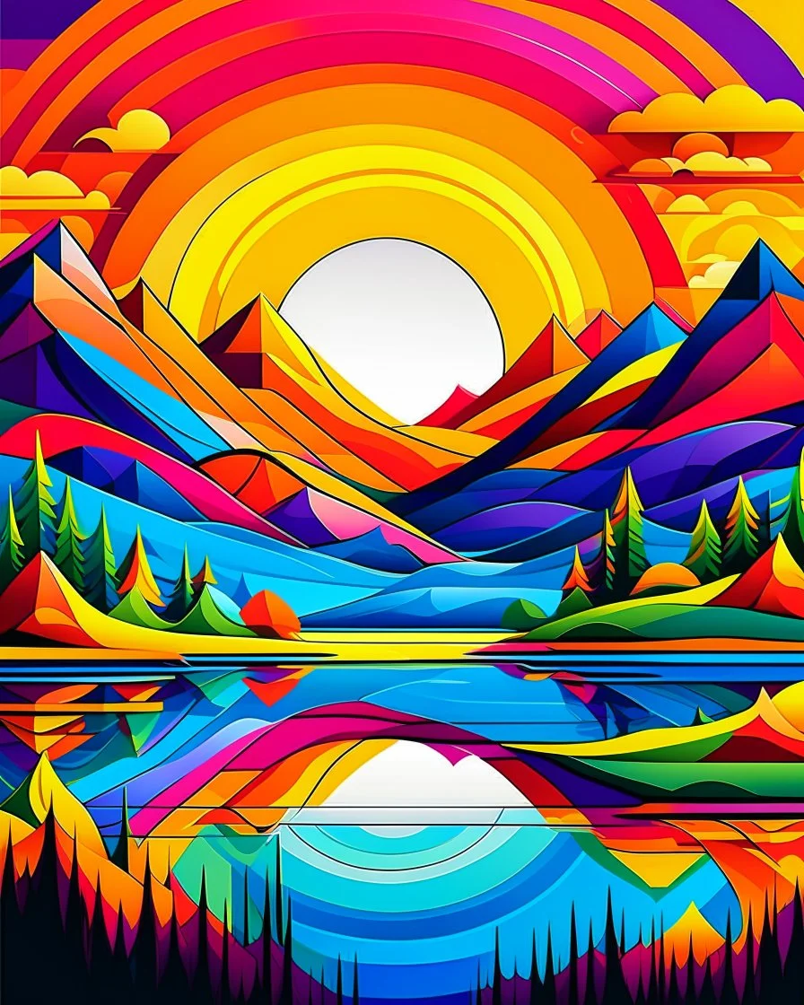 A vibrant, stylized landscape featuring rolling hills, abstract trees & a sun rising over a reflective body of water. A rainbow-hued mountain looms in the background with geometric shapes & layers blending vivid colors like red, orange, blue & purple. The scene conveys a surreal, futuristic aesthetic with smooth lines & gradient transitions between natural elements, creating a dynamic interplay of light, shadow & color.