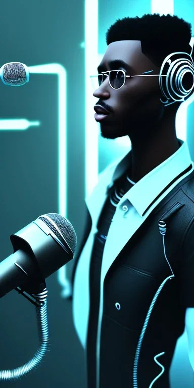 black man podcast on a microphone, CYBERPUNK