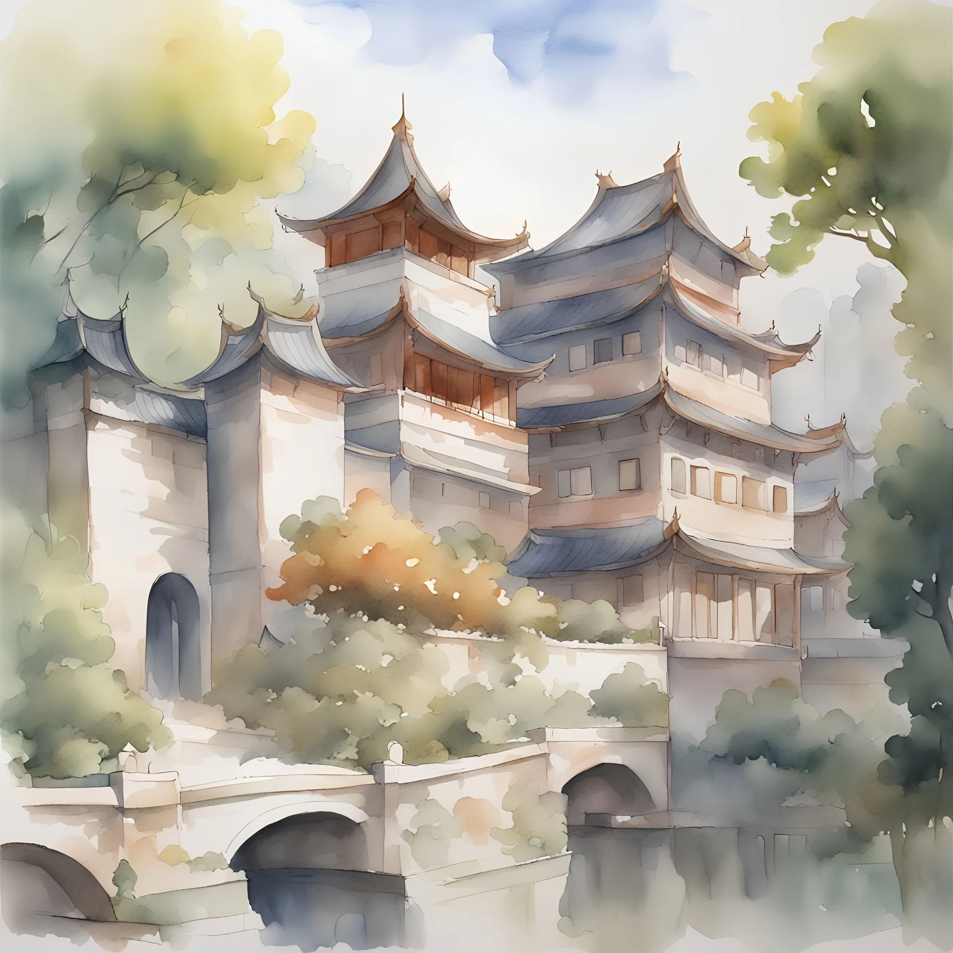 chinese-style watercolor painting of several european building surround by trees, trending on artstation, bloom, in a distance