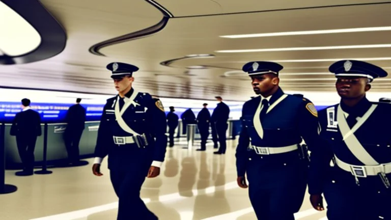 2 security officers escort upset man in suit out of airport lounge