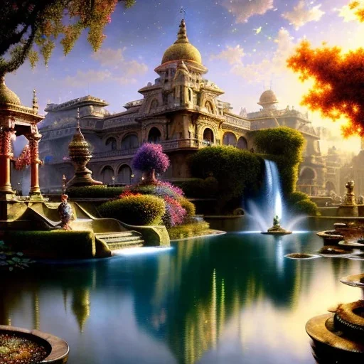 Hyperdetailed oil on canvas, young robyn lively sits by the ornate fountain, goldfish pond, lotus, detailed face, long red curly hair; by gaspar camps, maxfield parrish, alphonse mucha, cyril rolando, dan mumford; luminous colorful sparkles, glitter, airbrush, octane render, volumetric lighting, 16k