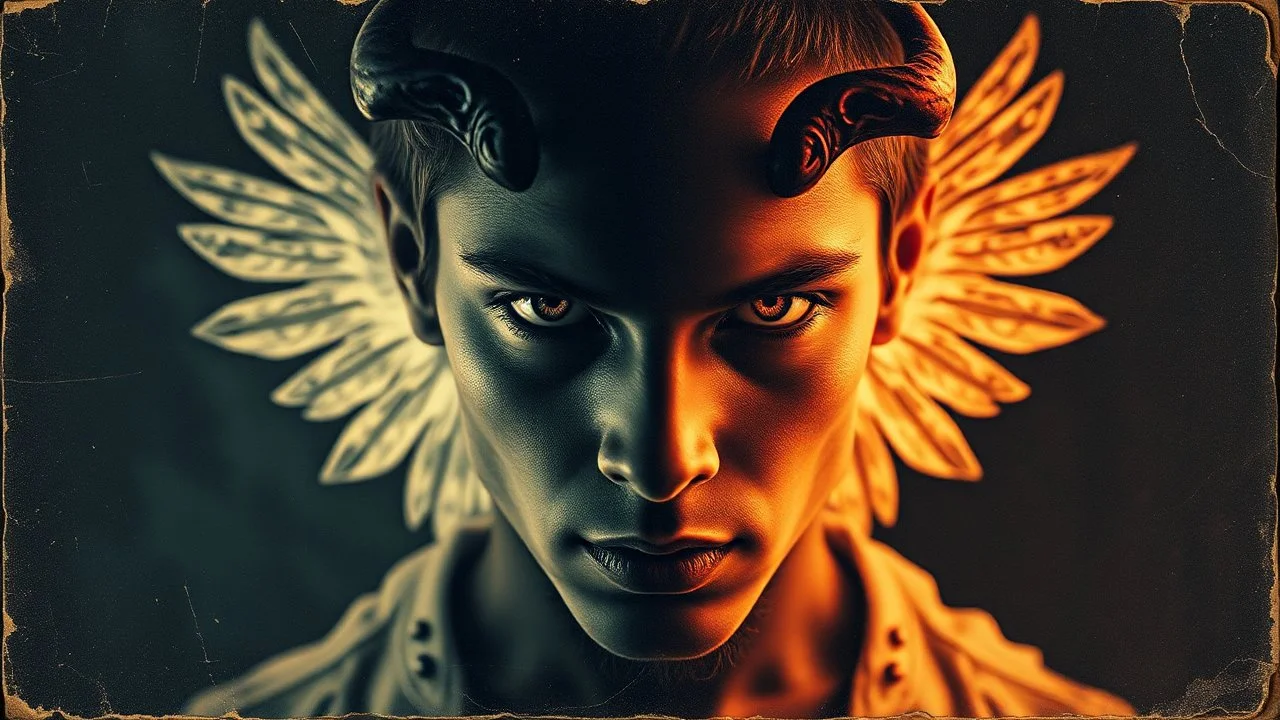 old worn postcard, Portrait Light and darkness in one person, angel and demon in one person, abstract art additional colors small details,