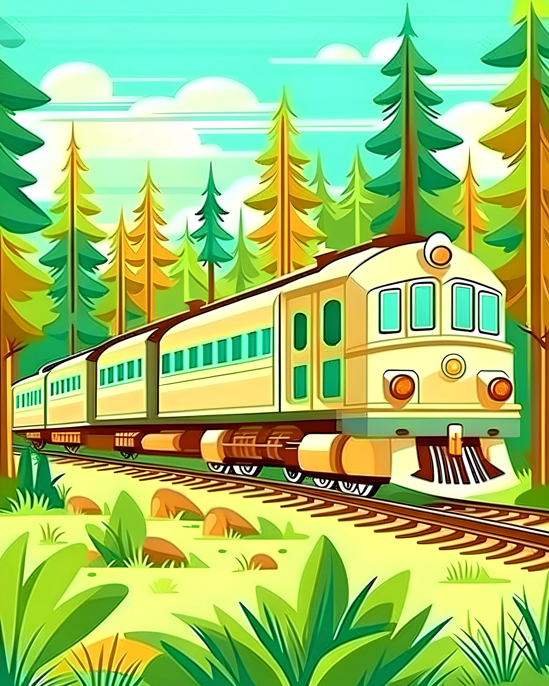 cartoon style pociąg osobowy jedzie przez las