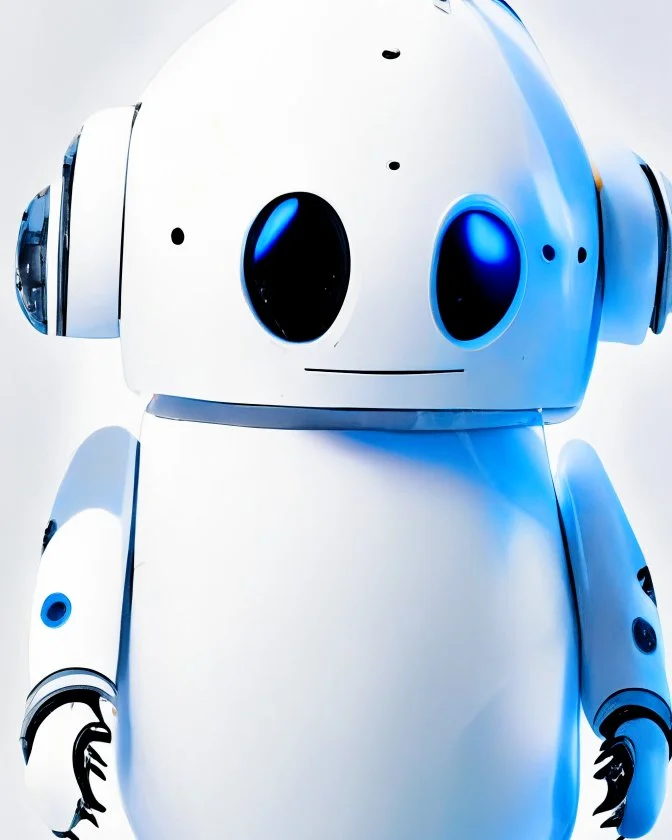 cute minimalistic robot with a big head, egg body, no fingers, digital similing face with pixeled eyes, super happy, white skin, small and plain simple, no buttons, 3/4 angled pose, awesome pose, background white background, oil painting