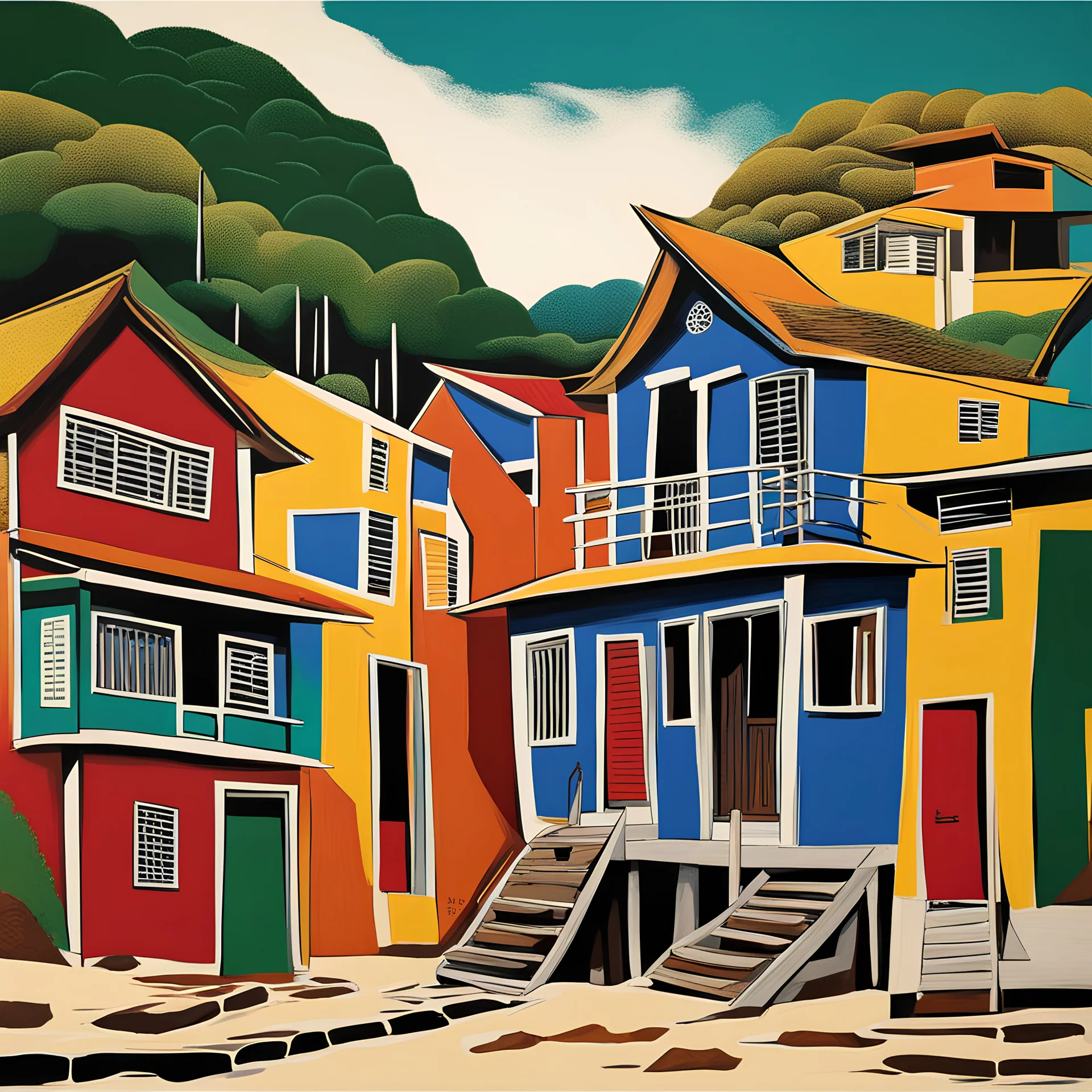 the trading houses at Abah's Landing, In brazilian modern art style, best quality, masterpiece