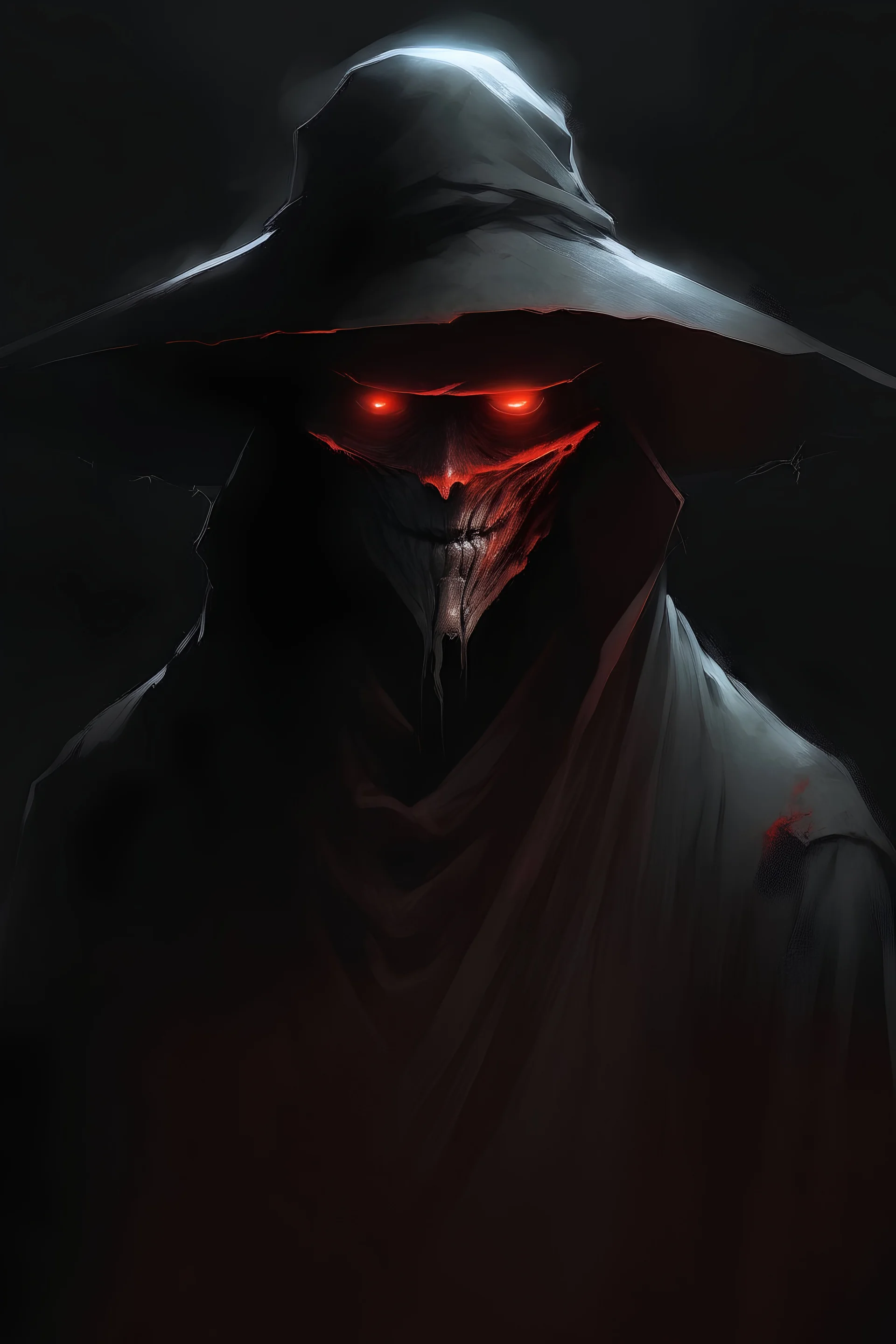 A ghost with a a grey straw hat glowing red eyes and no head in a black torn up robe