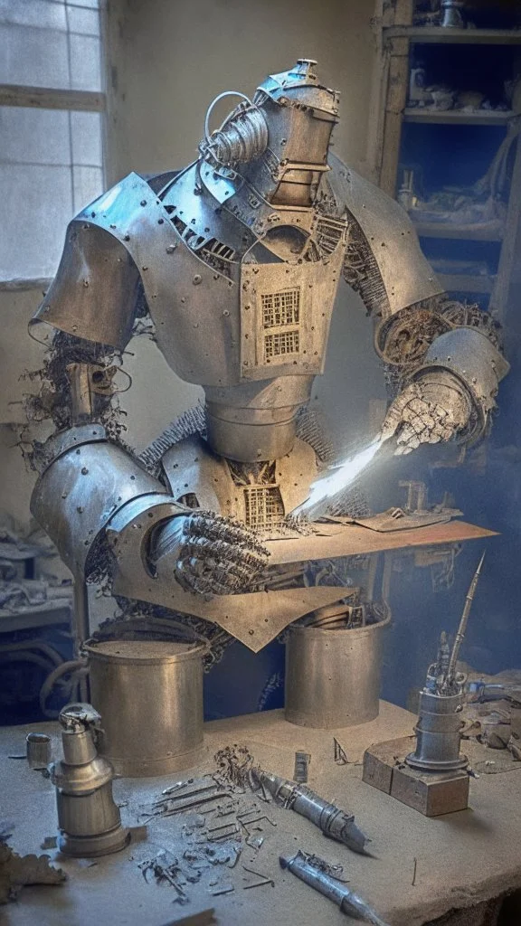 human mad scientist, medieval metal golem being made, operation table