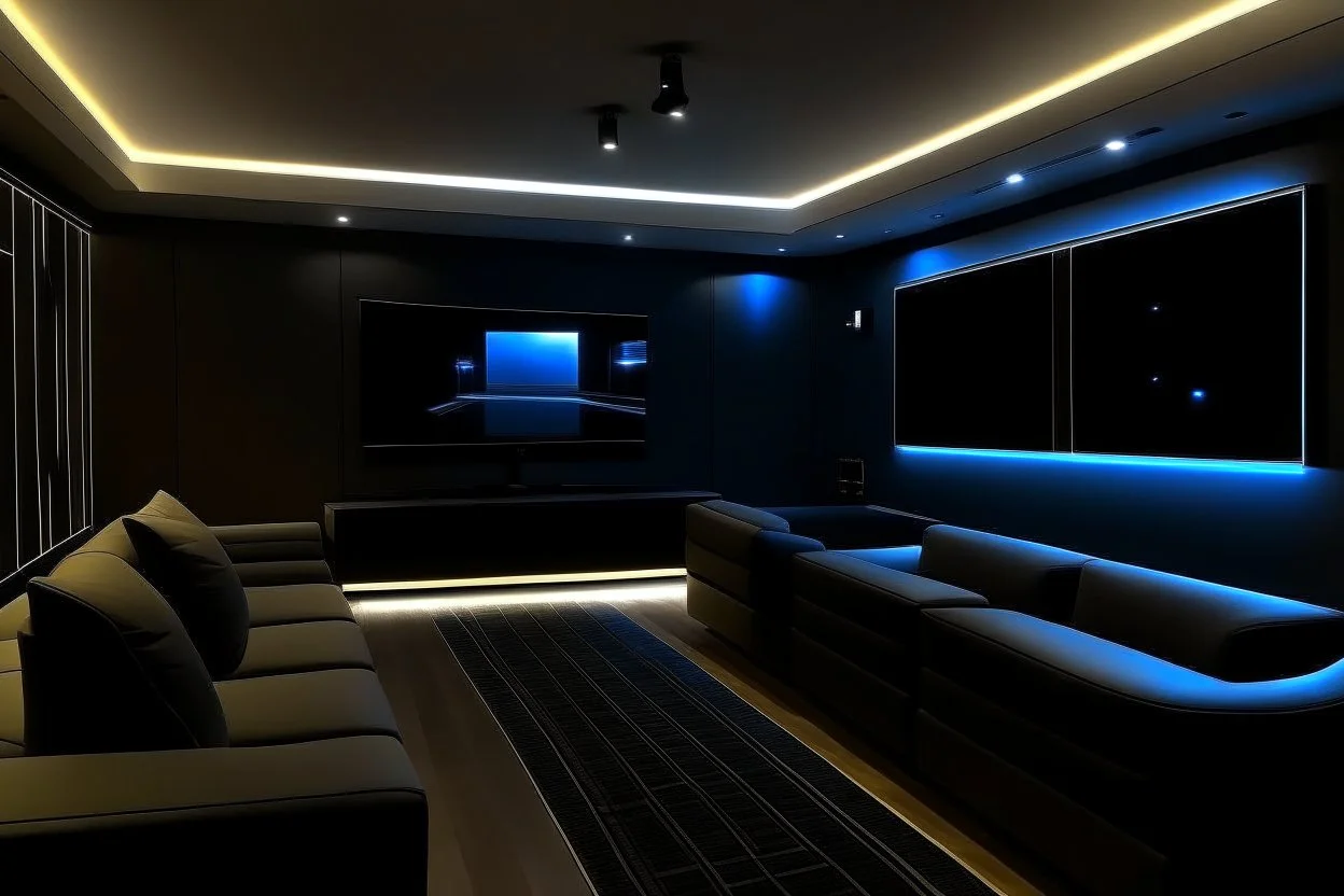 a dedicated home cinema room with LED ambient lighting in the walls