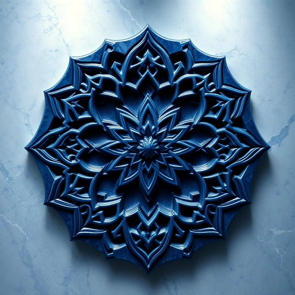 Hyper Realistic (3D) Beautiful Intricately Crafted Navy-Blue Colored Islamic Art Inspired Little Patterns On Both Side Of Light-Blue Marble.