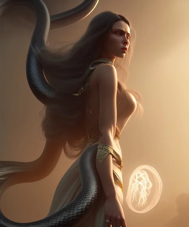 Holy Virgin, celestial light, beautiful, long fabric dress, beautiful long black hair to the waist, big snake resting on shoulders, grabbing snake, head and shoulders portrait, 8k resolution concept art portrait by Greg Rutkowski, Unreal Engine 5 volumetric lighting