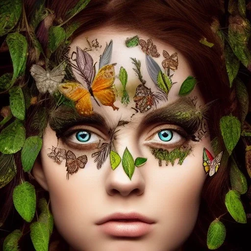 karlan, plant metal, feathers, Dryad, butterflies, nature, plants, flower background, face tattoo, intricate, oil on canvas, masterpiece, expert, insanely detailed, 4k resolution, cute big circular reflective eyes, cinematic smooth, intricate detail, soft smooth lighting, painted Renaissance style