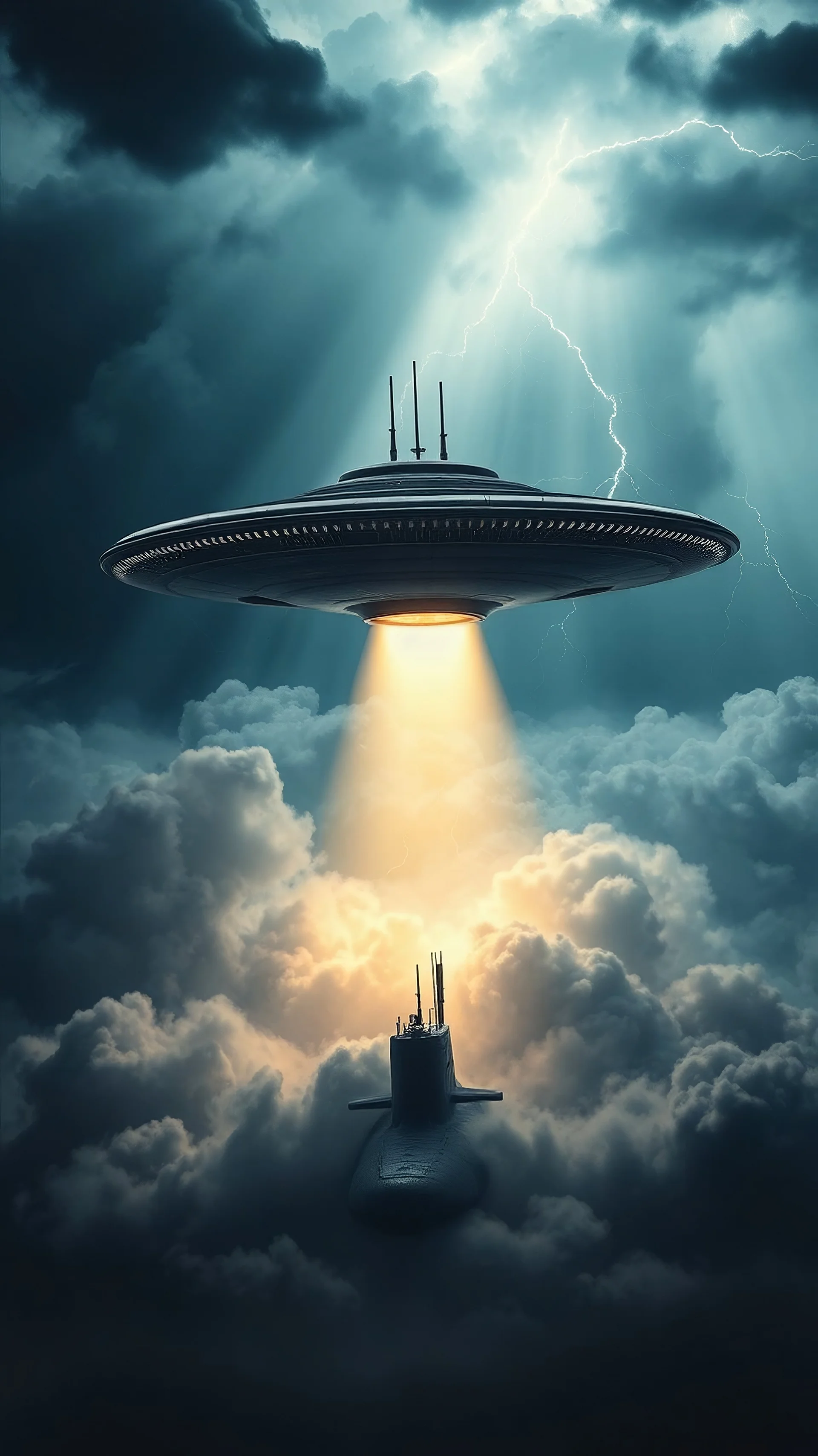 A ufo hovering above a nuclear submarine in the ocean hovering above swirling clouds, emerges from the heart of a raging storm. Turbulent winds of steam swirl around the iconic structure, lit by shafts of sunlight that cast dramatic shadows on the A large UFO spacecraft hovering over the nuclear submarine in the ocean surrounding clouds. A storm rages and thunder lights up the dark sky,