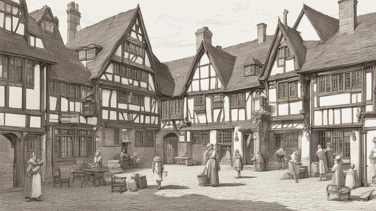 A Paved Courtyard, With Tudor Gothic Houses, Tall Chimneys, Crooked Roofs, a small stream, People, Shops,