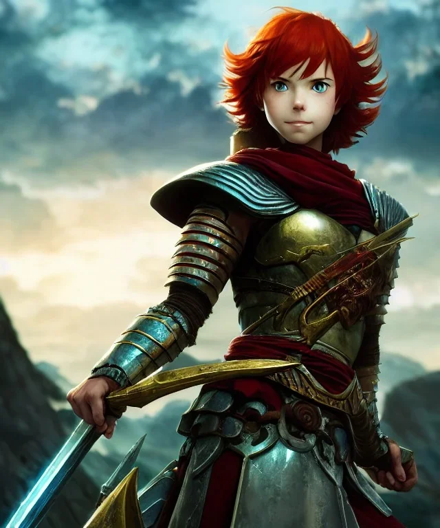 portrait, beautiful stunning warrior lady and goddess, babycore red short hair, ice eyes, fantasy atmosphere, styled by Corrado Vanelli, Norman Rockwell, Boris Vallejo super detailed, Studio Ghibli, Anime Key Visual, by Makoto Shinkai, Deep Color, Intricate, 8k resolution concept art, Natural Lighting, Beautiful Composition