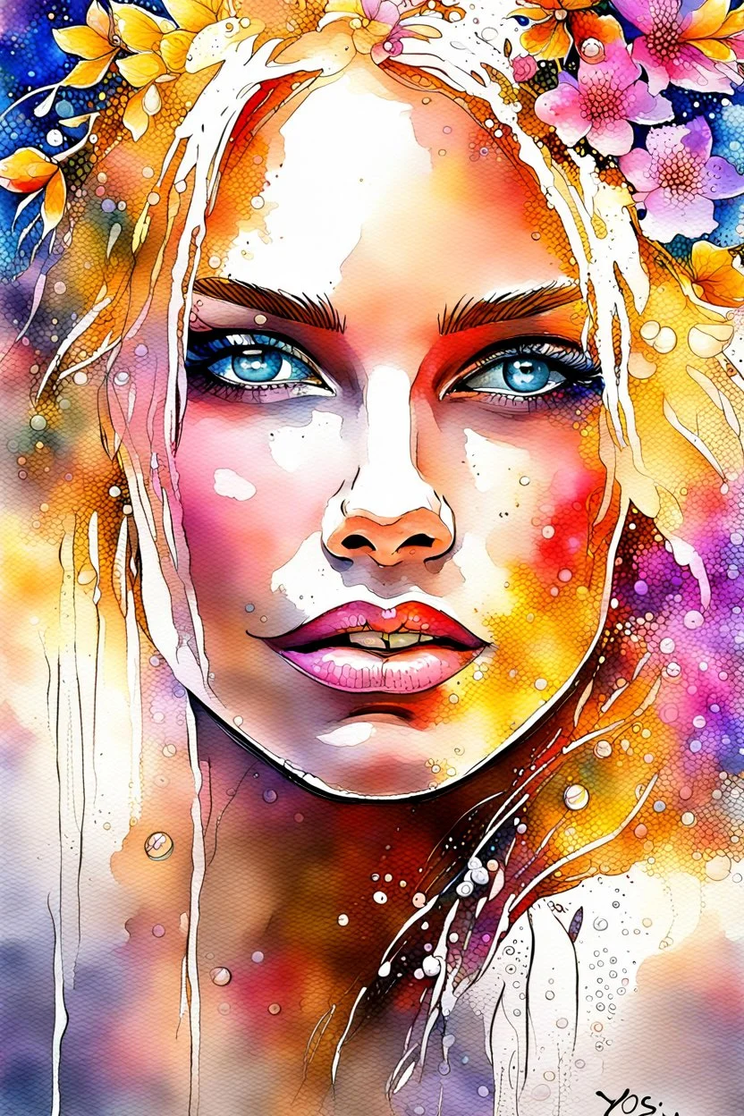 Gorgeous wet look watercolour, a beautiful sensual blond blonde woman, beautiful late summer flowers, colourful, enchanting, wet on wet, silver and gold drops, sparkling lights, winning, intricate, beautiful, gorgeous by Yossi Kotler,