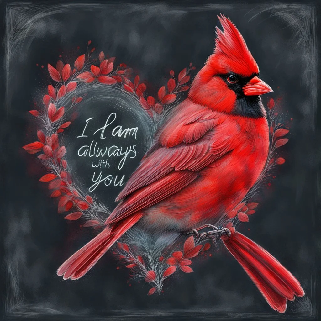 Bing: a vibrant digital chalk sketch painting featuring a double exposure image of a beautiful majestic red cardinal, ultra-detailed, within the body of the cardinal is a heart with the words "I AM ALWAYS WITH YOU" in a beautiful script