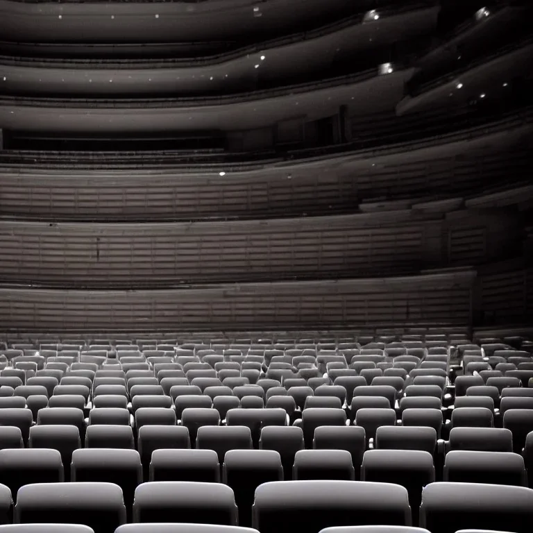 a single chair on stage in spotlight close up view facing empty audience at a dark and empty symphony hall