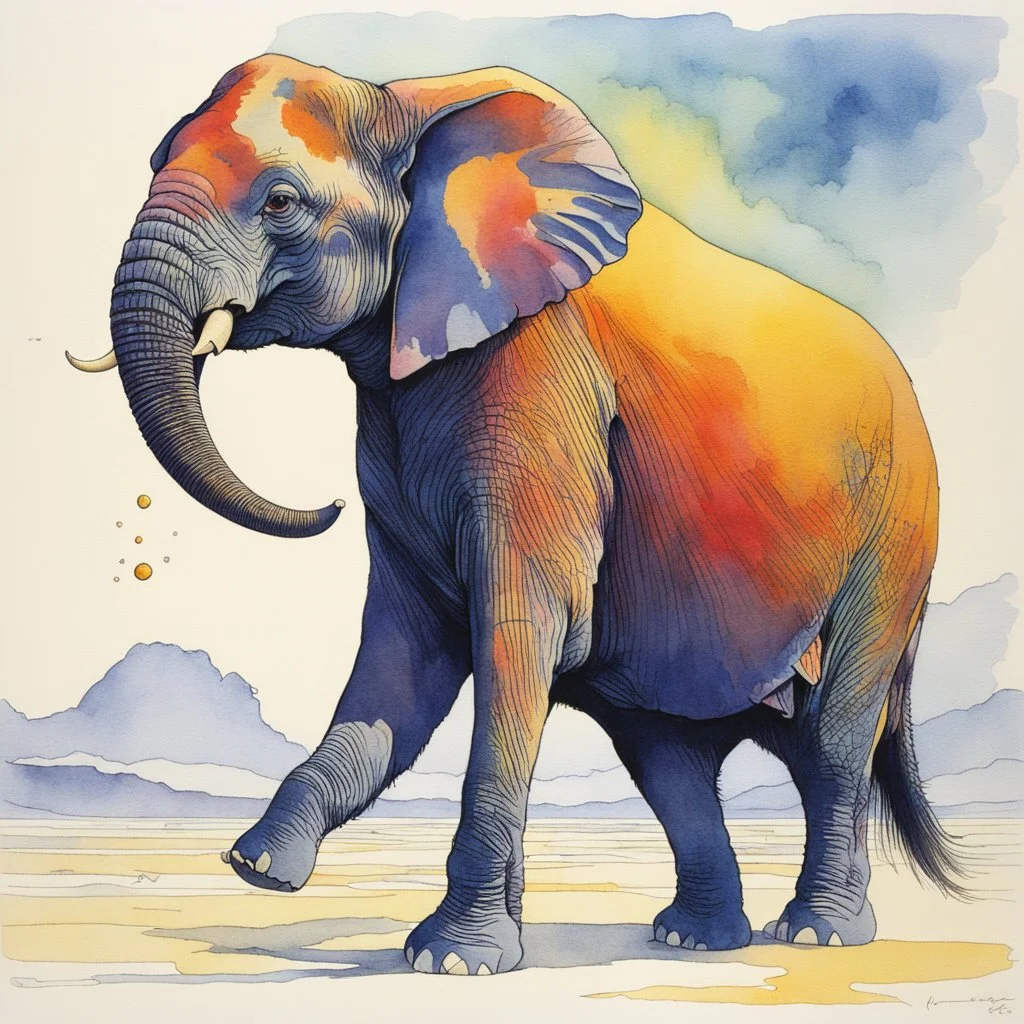 dancing elephant, aquarelle by moebius