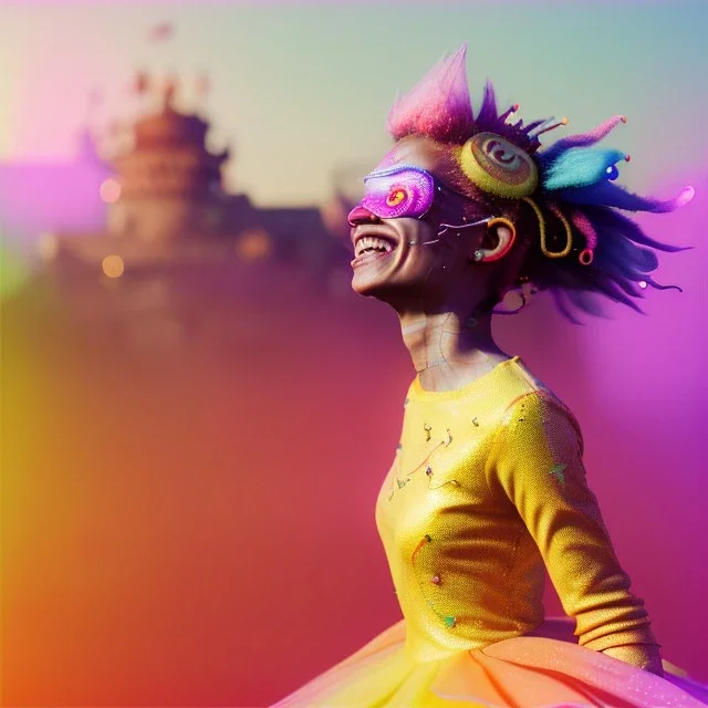 Ultra Realistic photo, medium shot view, drunken sweet dancer Spanish woman, carnival scene, monster hair, steampunk style. Yellow hair, confeti, smile, happy, festival, ovnis, gradient color fog. highly detailed, concept art, unreal engine 5, ray tracing, RTX, lumen lighting, ultra detail, volumetric lighting, 3d, finely drawn, high definition, high resolution.