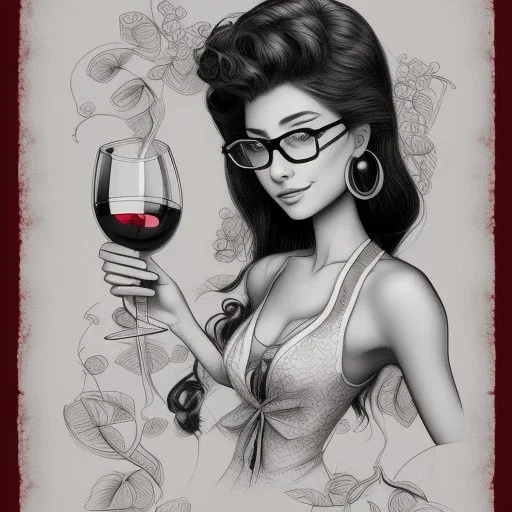 Label of red wine with grapes and vines. A lady in her 40 with long har and eyes glasses, and her younger brother with short hair, with muscles . They are drinking fresh red wine with smiles. simple funny sketch in pencil