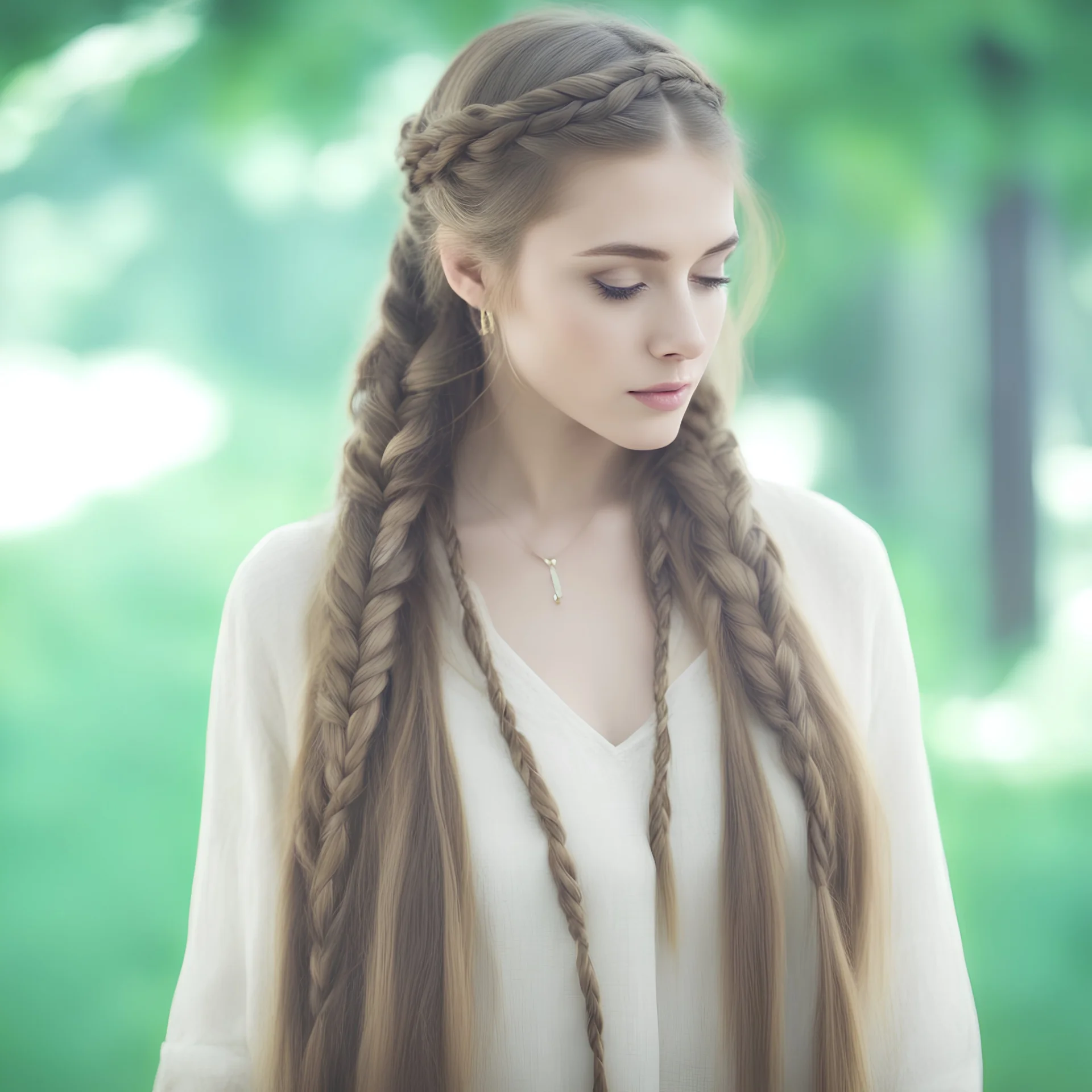 a beautiful woman with very long twinbraid,very long thick braids