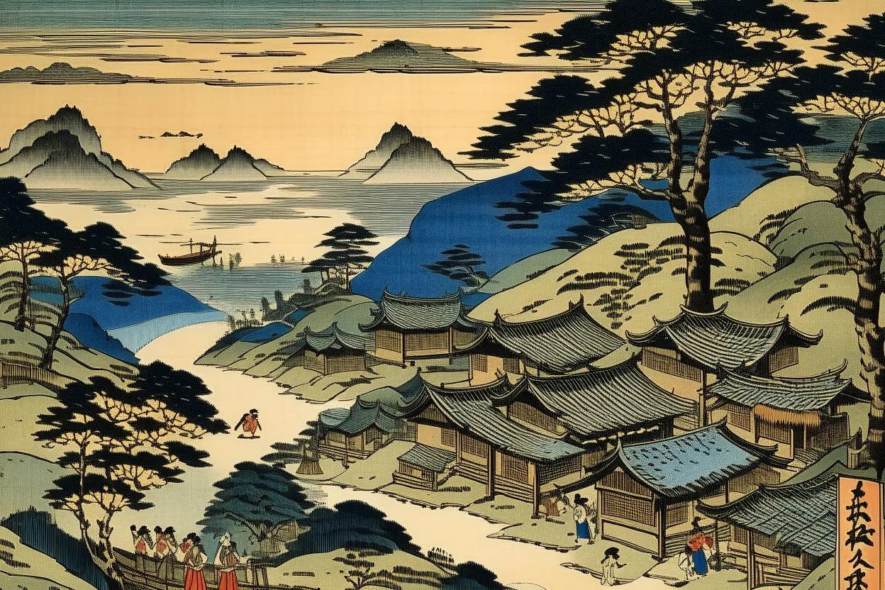 A black Japanese village in a shadow realm painted by Katsushika Hokusai