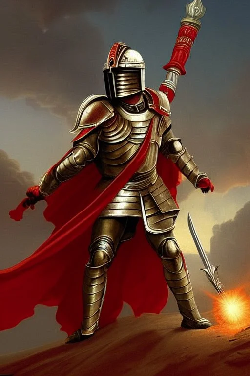 Planet Mars portrayed as a menacing man wearing Roman-like armour, a red cape, and a spartan helmet that covers his face entirely, he is armed with a spear and a spartan shield, his armour is covered with battle marks