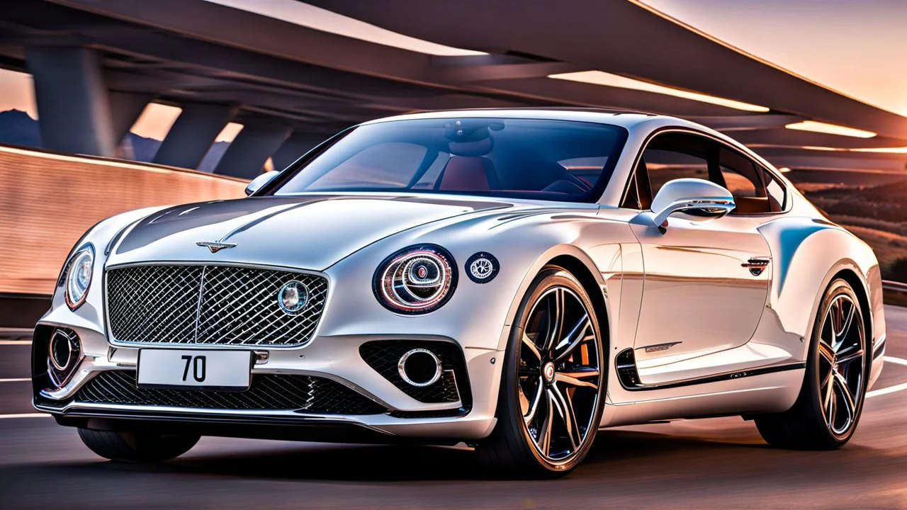 A sleek white shiny (((Bentley Porsche))), its contours and details perfectly captured in a (((cinematic view))), zipping along a winding road under a beautiful blue black night sky