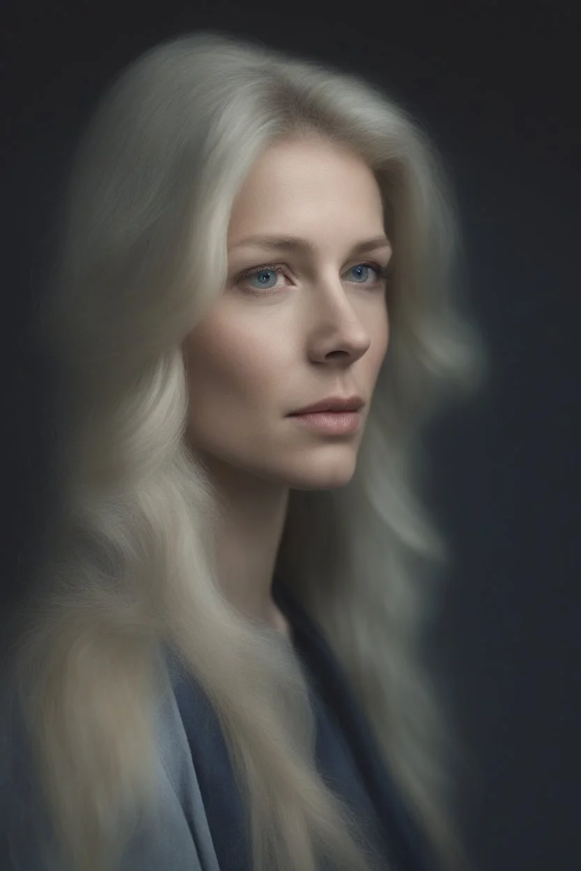 a photographic, photorealistic, true-to-life facial portrait of Connie Lingus. with platinum blonde hair, blue eyes, head to waist image, professional quality, studio photograph shot on 35mm film