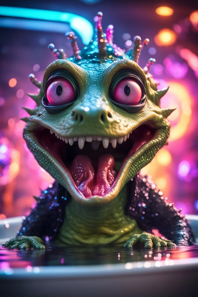 portrait of ultimate transcendent happy disco helmet wested pimp kobold croc alien frown with spotlights and huge dripping forked tounge sticking head out of a bathtub portal, in front of space portal dimensional glittering device, bokeh like f/0.8, tilt-shift lens 8k, high detail, smooth render, down-light, unreal engine, prize winning