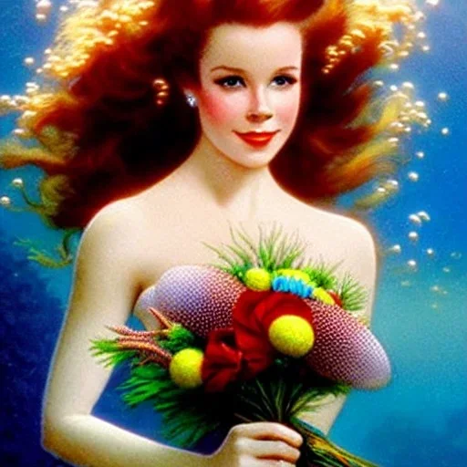 Perfect and beautiful face of teen robyn lively, holographic gown, holding a bouquet of floral coral, bubbles, upward flowing long hair, gloves hidden under the bouquet, underwater with seashells and fish, seahorses, coral, fantasy, regal, intricate, by stanley artgerm lau, greg rutkowski, thomas kinkade, alphonse mucha, loish, norman rockwell