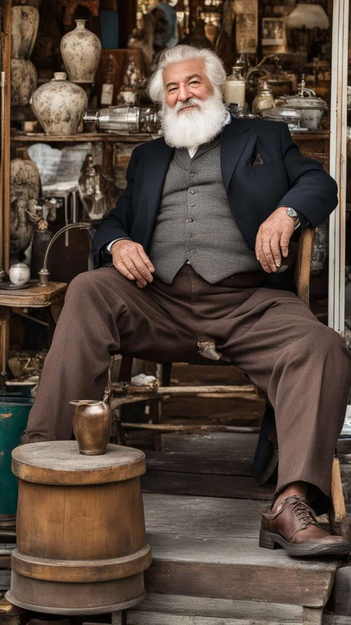 Full length photograph of a 58 year old, strong and chubby Neapolitan antiques dealer, at the street market, elegantly dressed, old glasses, short white beard, short shaved hair, under the sun, stocky, open shirt, hairy chest, sitting in a furniture stall of antique and mirrors, big belly, big shoulders,, sunlight, ambient occlusion, side light, photorealistic, side view from the ground