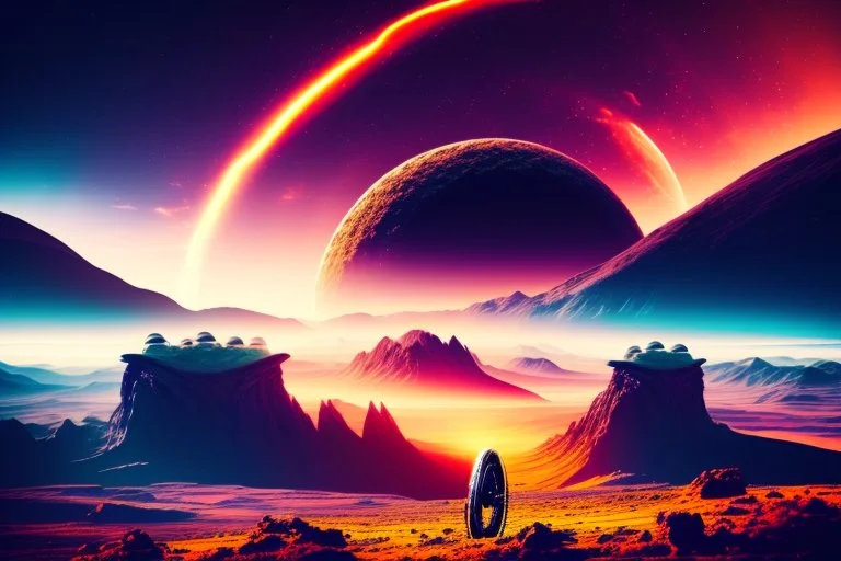 Alien landscape with Epic explanet with rings in the sky, valley, cinematic