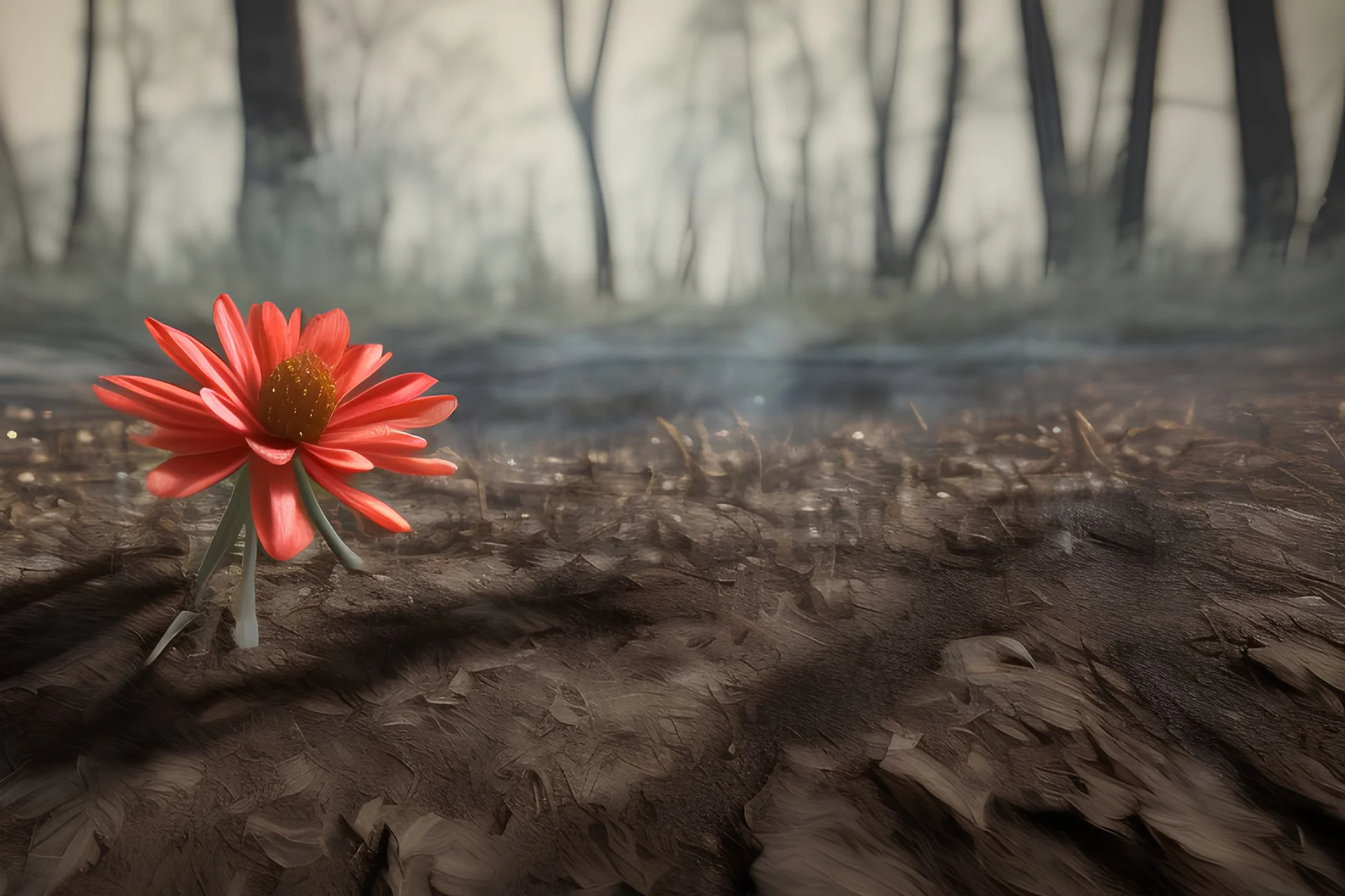 bud blooming in a burnt forest