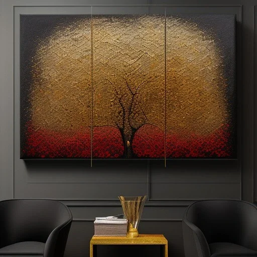 abstract oak tree in impasto paint on black canvas with red and gold painted in the style of malevich and mondrian