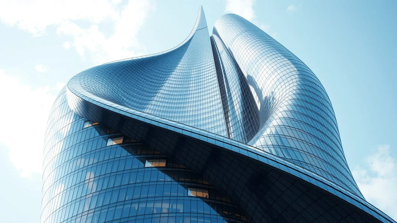 A futuristic hyperboloid skyscraper with a twisting façade, where the building’s structure curves inward and outward in a continuous, graceful helix. The reflective glass exterior mirrors the sky, while the hyperbolic curves create an illusion of constant motion. The dynamic, tapering form rises to an elegant, spire-like point. Award-winning photograph.