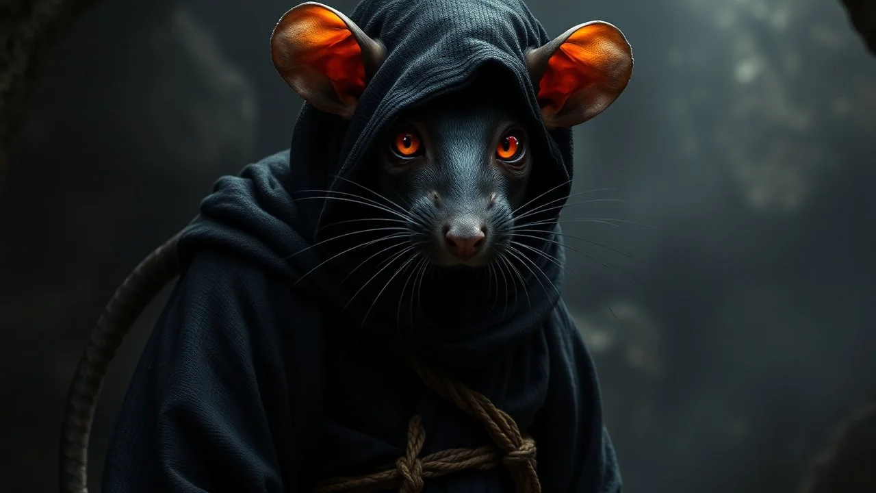 the yoga rat man, bigblack iris eyes with yellow glints, ou’re looking at someone who doesn’t just walk into shadows—they belong to them. The black robes cling like a second skin, the belt tied tight with gold thread that catches the light only when he moves. His face is wrapped, but not hidden—his eyes glow like embers, red and steady, as if he’s already seen what waits inside the cave. The tail curls behind him, not in fear, but in readiness. He doesn’t need a torch, because the darkness
