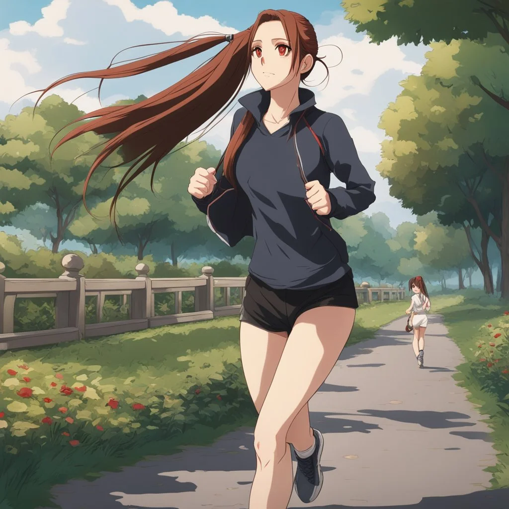 An Arrogant-Looking Young Woman With Pale Skin, Red Eyes, And Long Brown Hair Pulled Up In A Single, Straight Ponytail. Jogging in the park. Anime Style, High Definition, Greg Rutkowski, 8k Resolution, Intricate Details