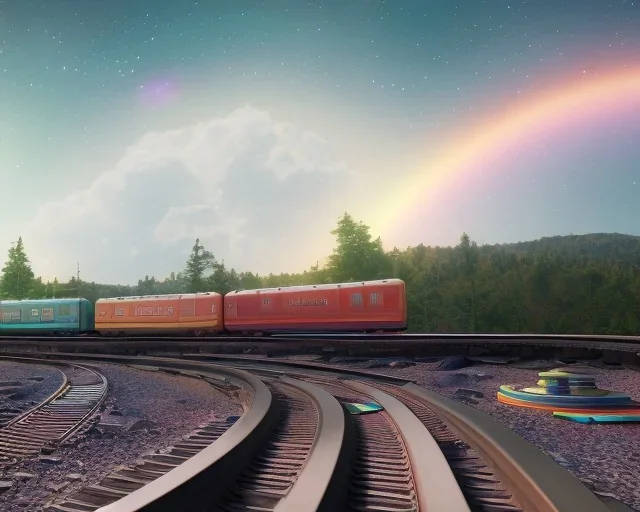 train on a rainbow track in space, planets in the background, steam bubbles from chimney, galaxy