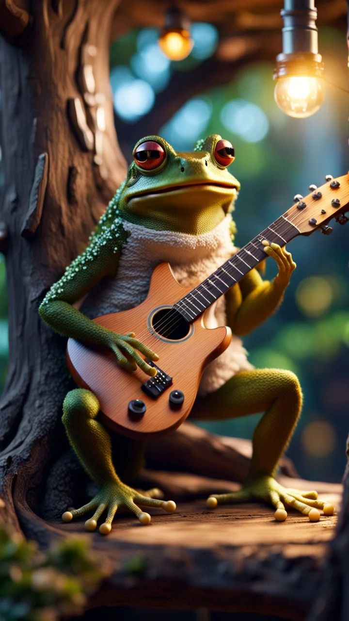 portrait of hairy rock guitar frog living inside a tree house in a hollow huge tree growing light bulbs,bokeh like f/0.8, tilt-shift lens 8k, high detail, smooth render, down-light, unreal engine, prize winning