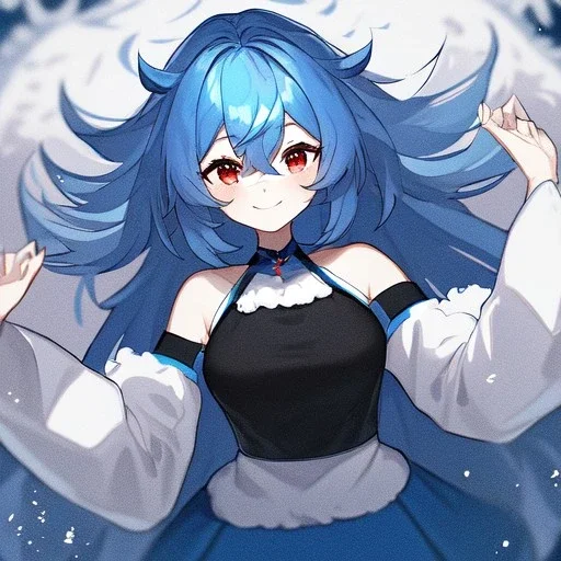 Clear focus, High resolution, rough line art, cute, cartoon, medium blue hair, hair between eyes, fluffy hair, red eyes, wearing a black sleeveless crop top, wearing a white jacket thats of her shoulders, wearing a blue skirt, cutsleeves blue strap and white color, intricately detailed outfit, smiling, 1girl, concept art all views