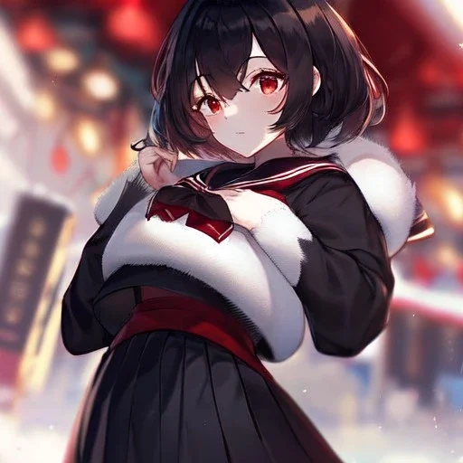 Clear focus, High resolution, fluffy black short hair, dark red eyes, wearing a black and red sailor uniform and pleated black skirt, fluffy hair, detailed outfit, wearing red eyelashes