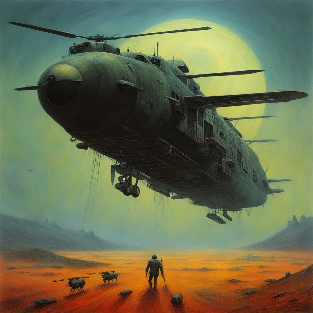 [art by Zdzisław Beksiński] helicopterus alien with a lot of mini guns