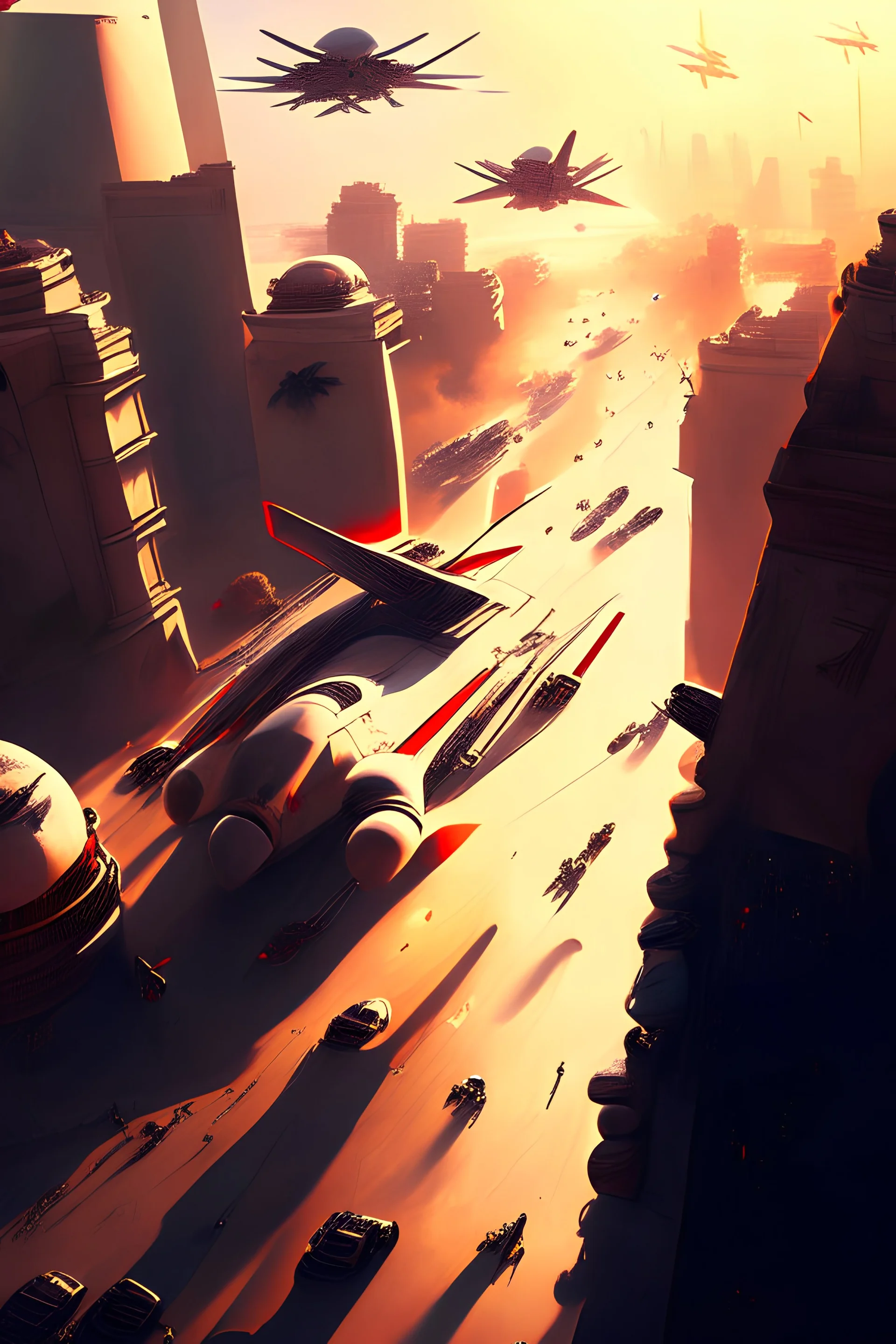 War of the Egyptian army in the streets of Cairo, inspired by science fiction, planes, kills, missiles, view from above, soldiers, beautiful sunrise, dense white clouds, atrophy, fantasy, concept art, 8k resolution, masterpiece inlaid with permanent, red