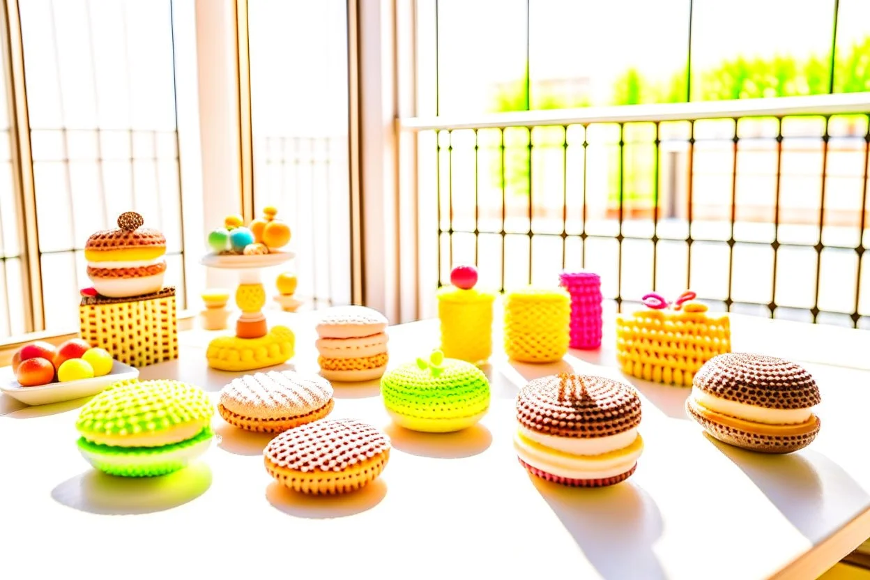 amigurumi desserts, cookies and macarons on lace tablecloth in a modern kitchen in sunshine