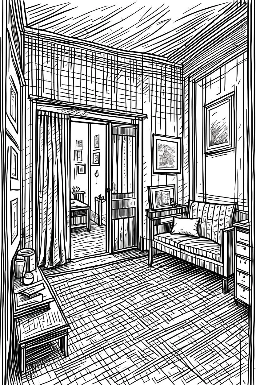 Interior in detailed pen strokes