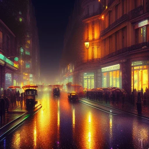 Cyberpunk street view in night , paris , rain, ground reflection